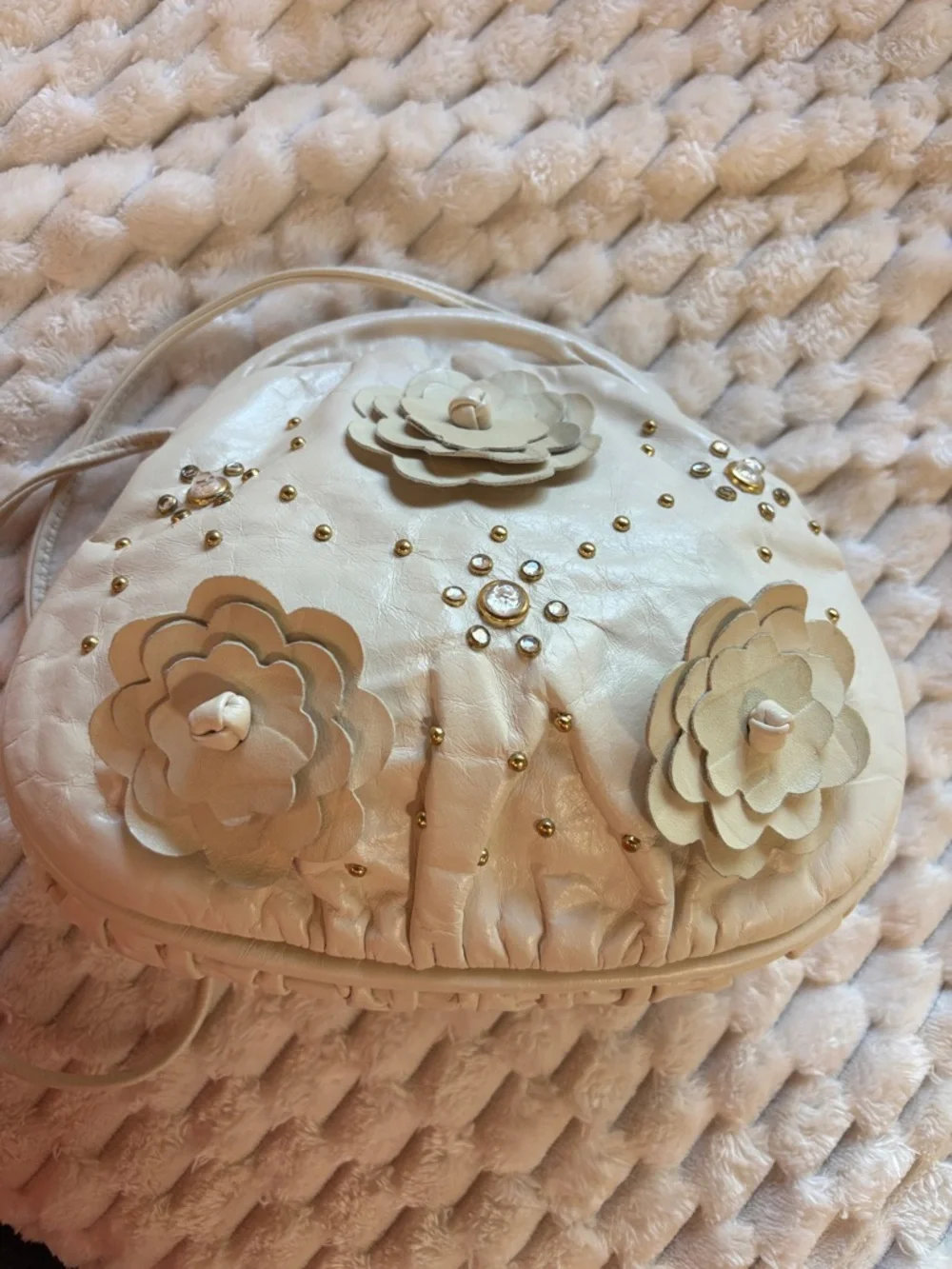 Atalla New York Cream Leather Floral Studded Clutch-Shoulder Bag